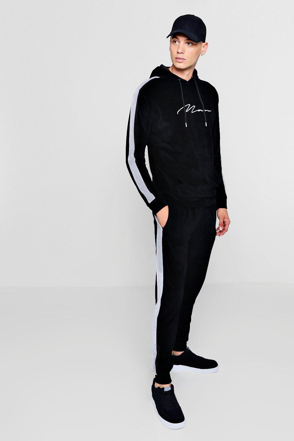 MAN Signature Velour Tracksuit With Side Panel | Boohoo