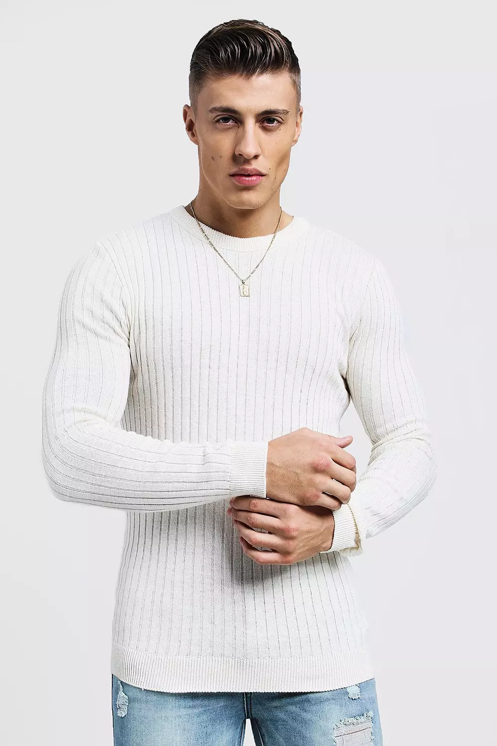 Mens Ribbed Crew Neck Sweater Denim