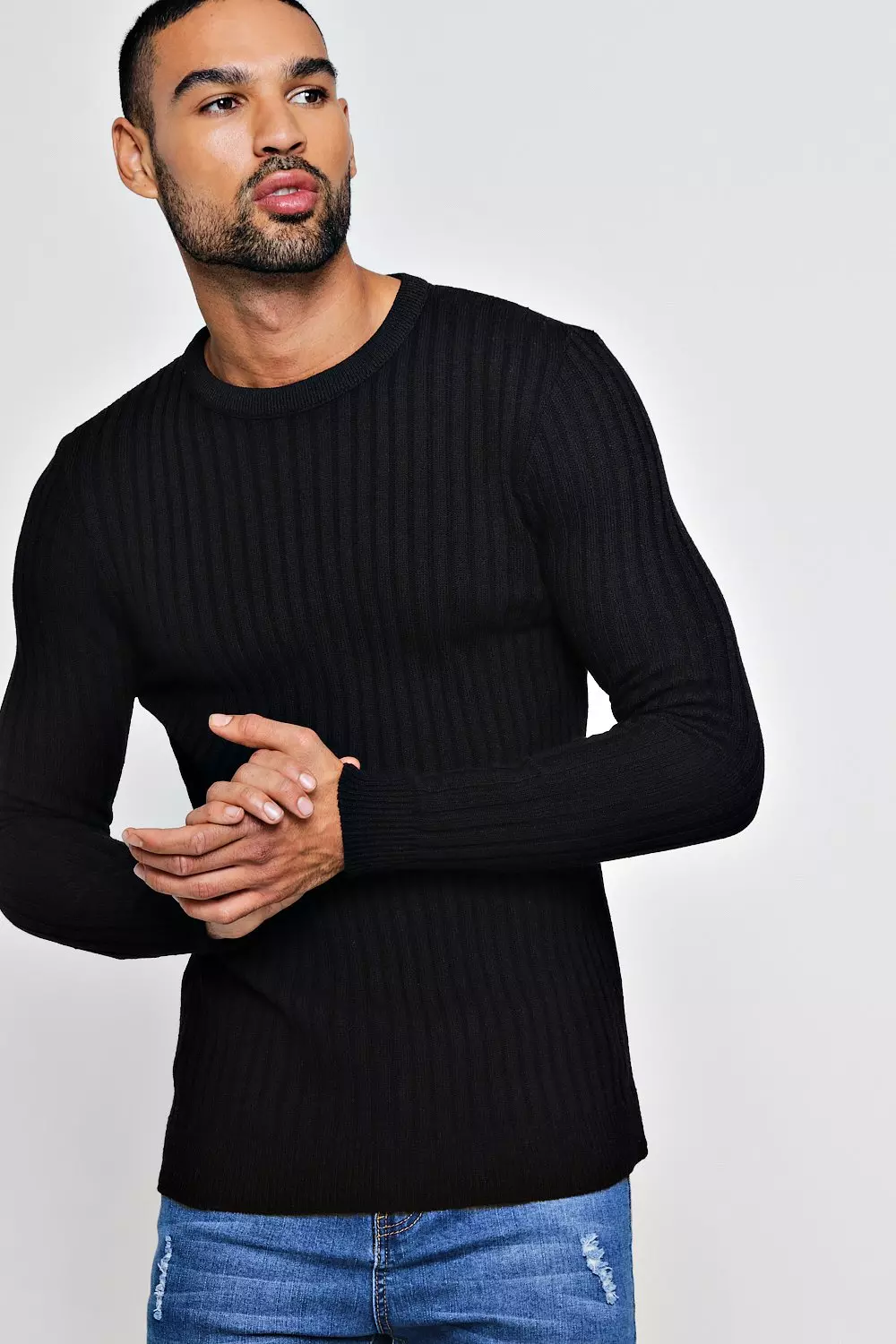 Muscle Fit Ribbed Crew Neck Jumper