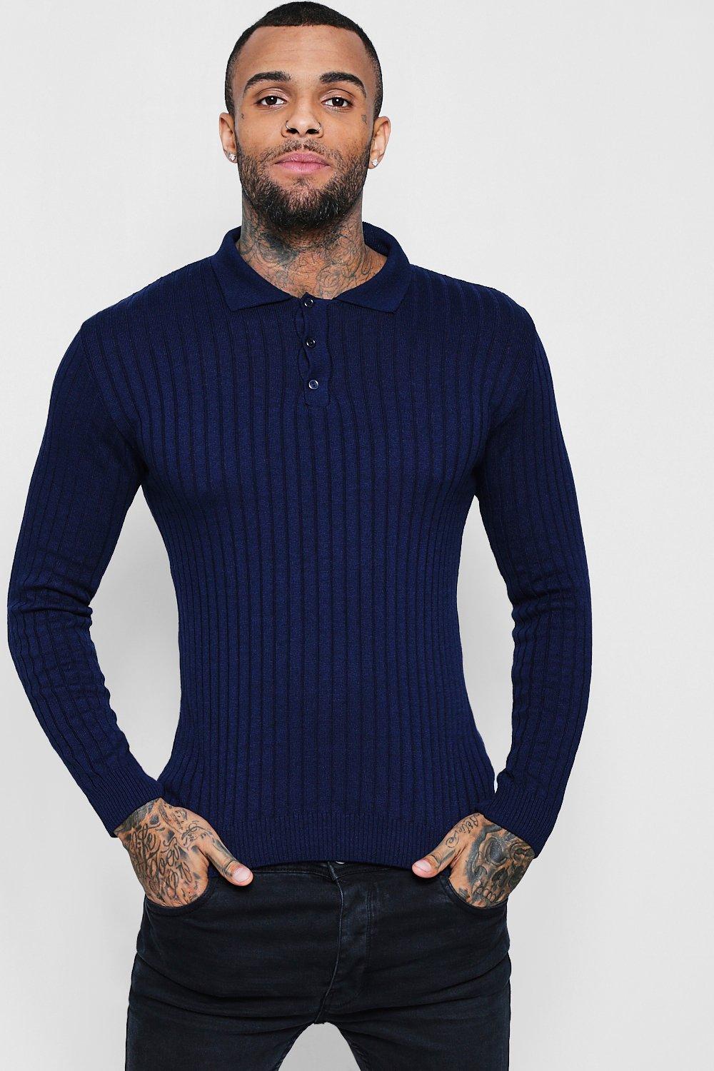 

Muscle Fit Ribbed Long Sleeve Polo, Navy