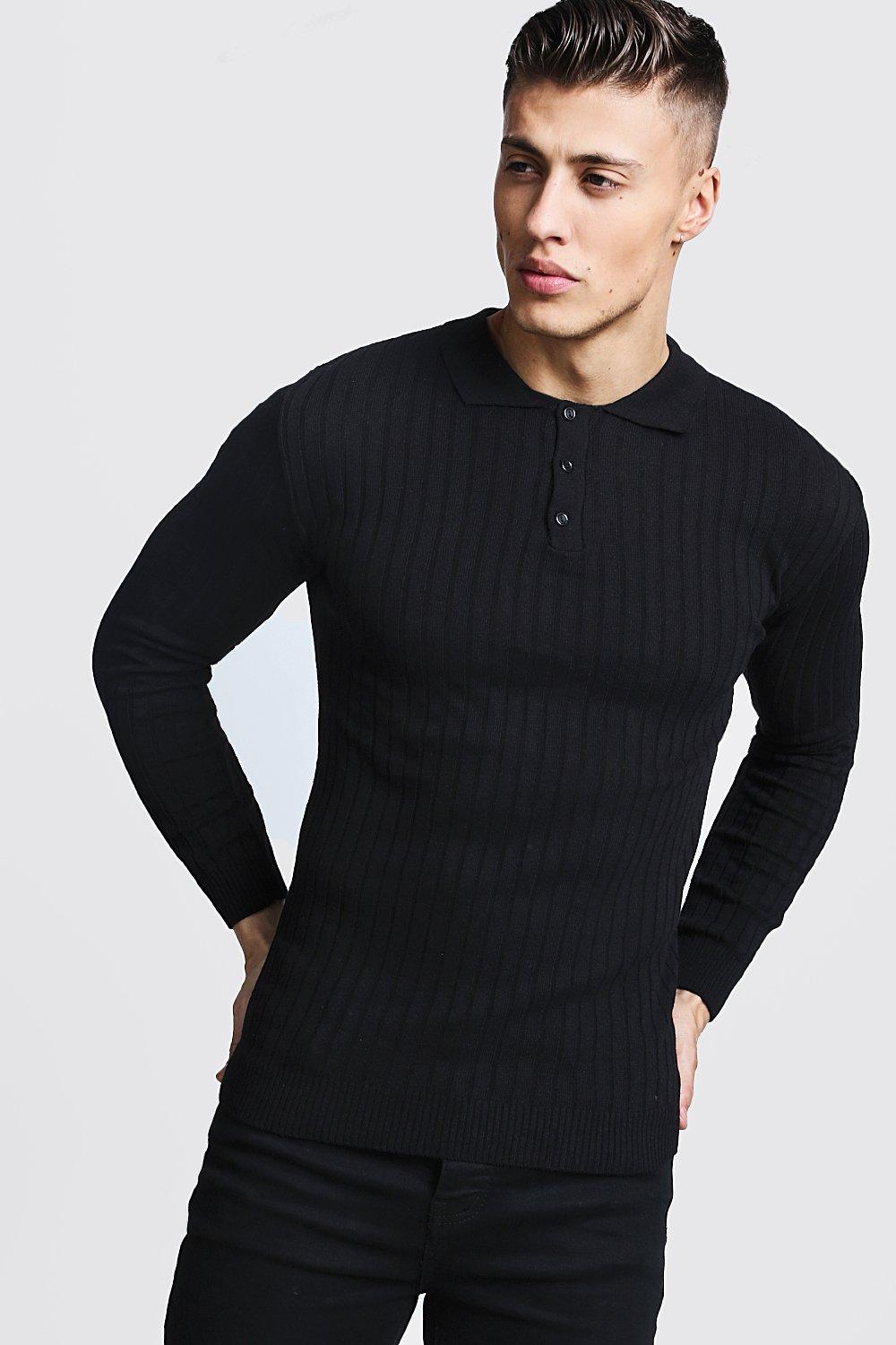 

Muscle Fit Ribbed Long Sleeve Polo, Black