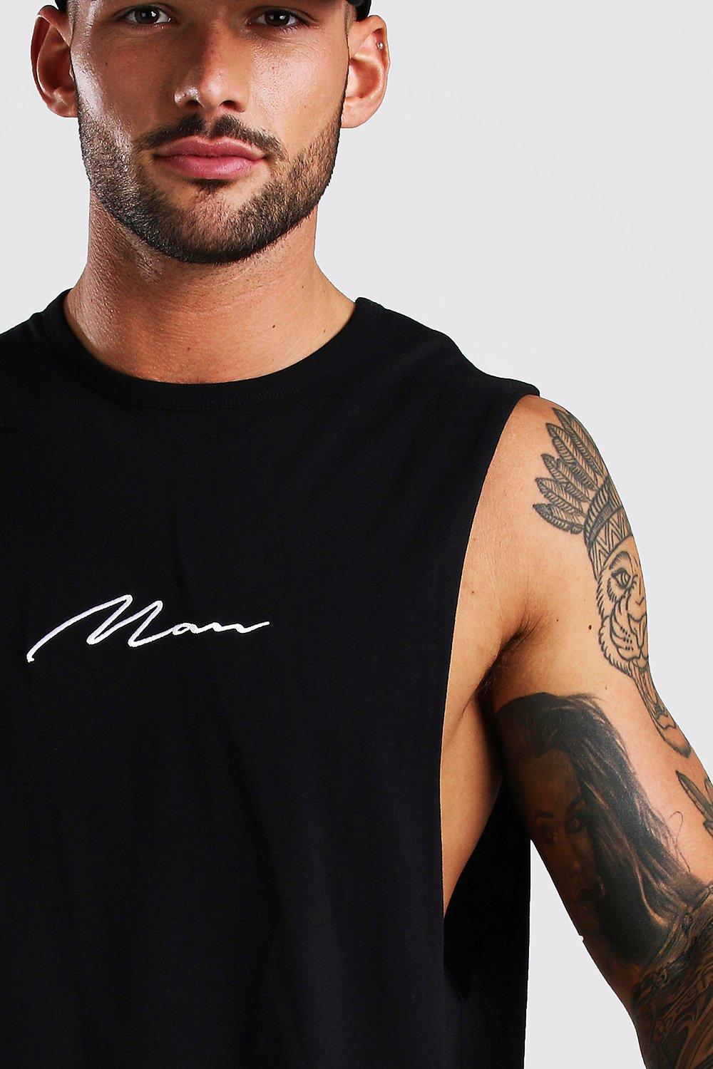 

MAN Signature Embroidered Sleeveless T-Shirt, White