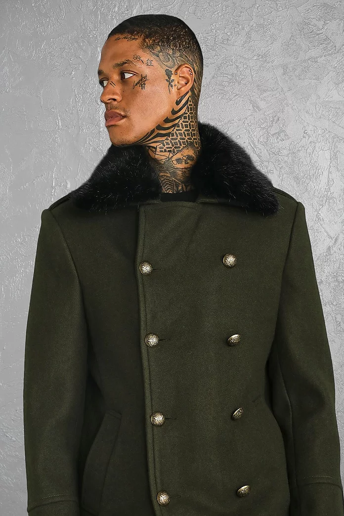 BoohooMAN Denim Faux Fur Collar Military Overcoat in Navy Mens Clothing Coats Long coats and winter coats for Men Blue 