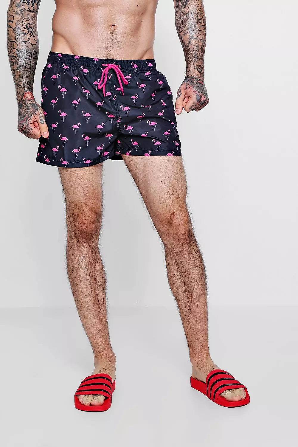 Short de bain homme de couleur turquoise avec motifs flamand rose moderne  et tendance coupe courte - Beliza Swimwear