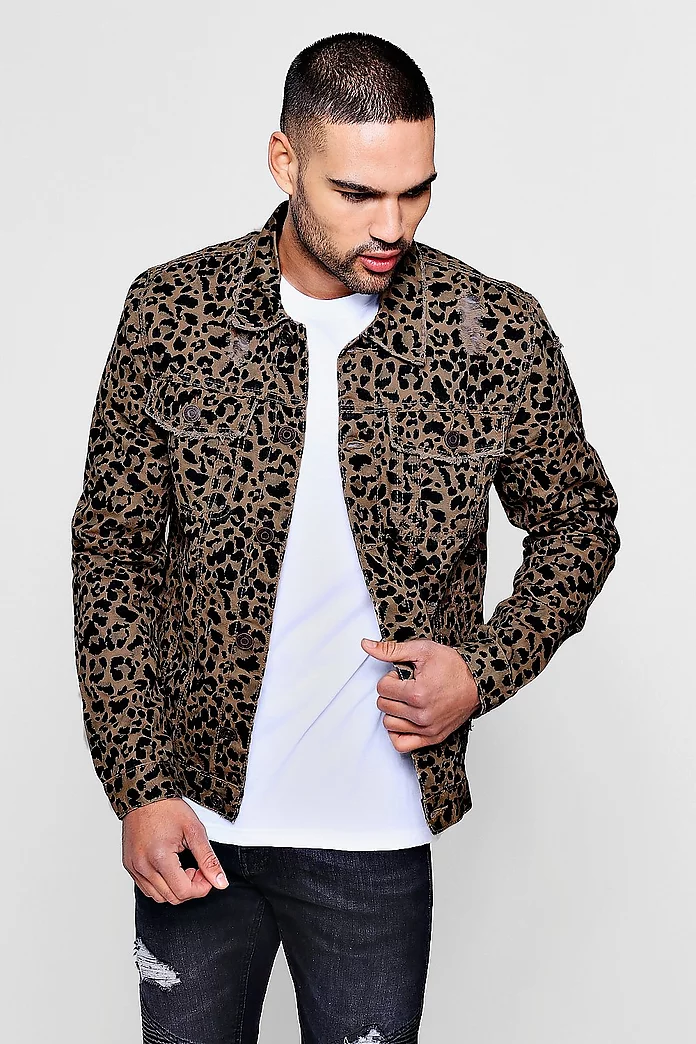 Skinny Fit Leopard Print Denim Jacket | boohooMAN USA