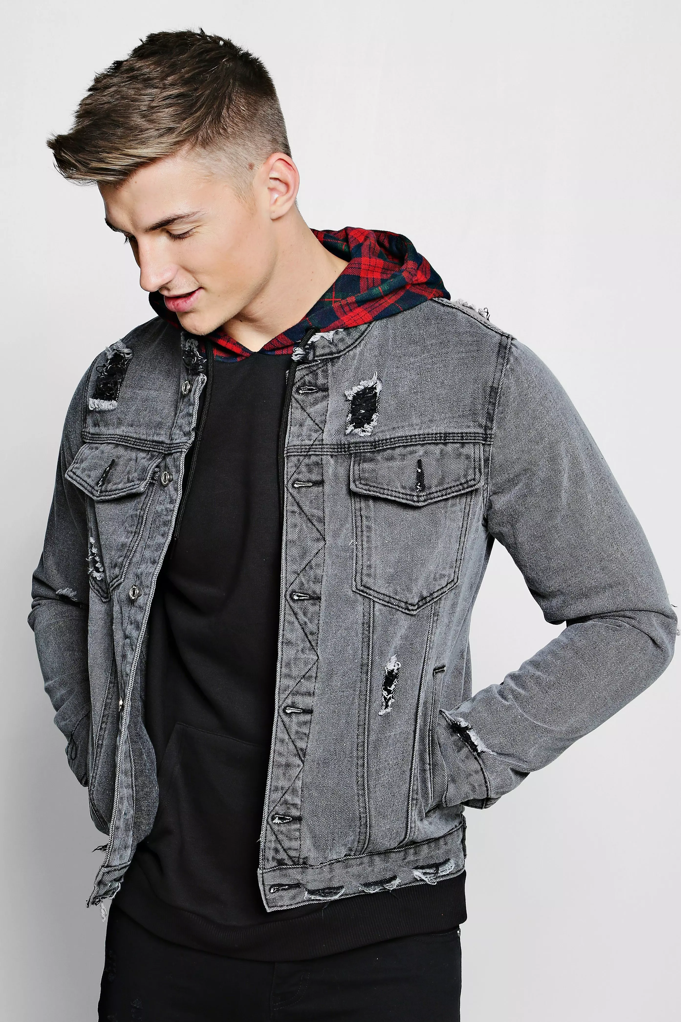 Collarless jean 2025 jacket mens