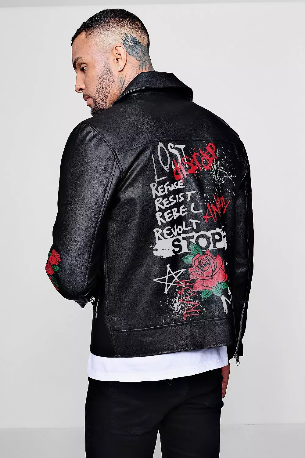 Black Faux Leather Graffiti Print Biker Jacket