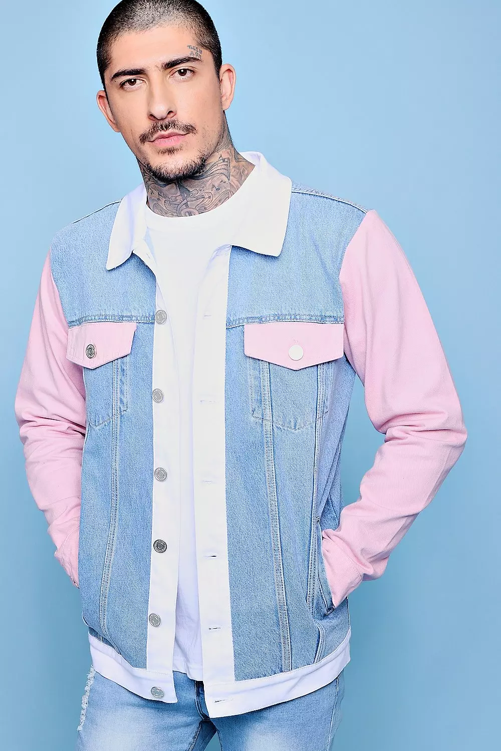 Distressed Denim Jacket with Hot Pink Fur Lining and Collar