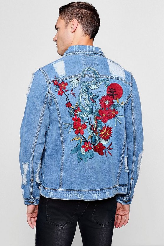 Dragon Embroidery Distressed Denim Jacket - boohooMAN