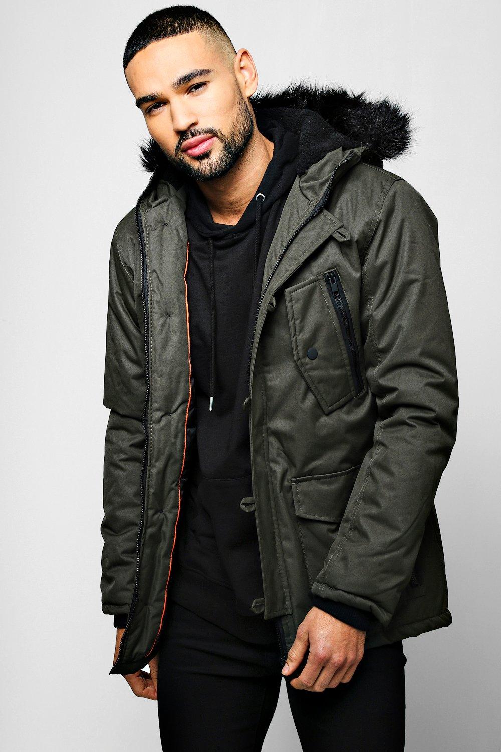 black faux fur hooded parka jacket