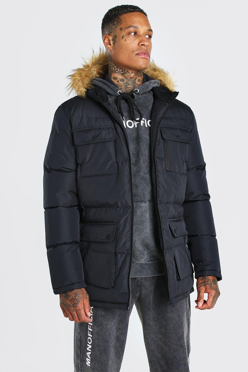 black parka coat with black fur hood