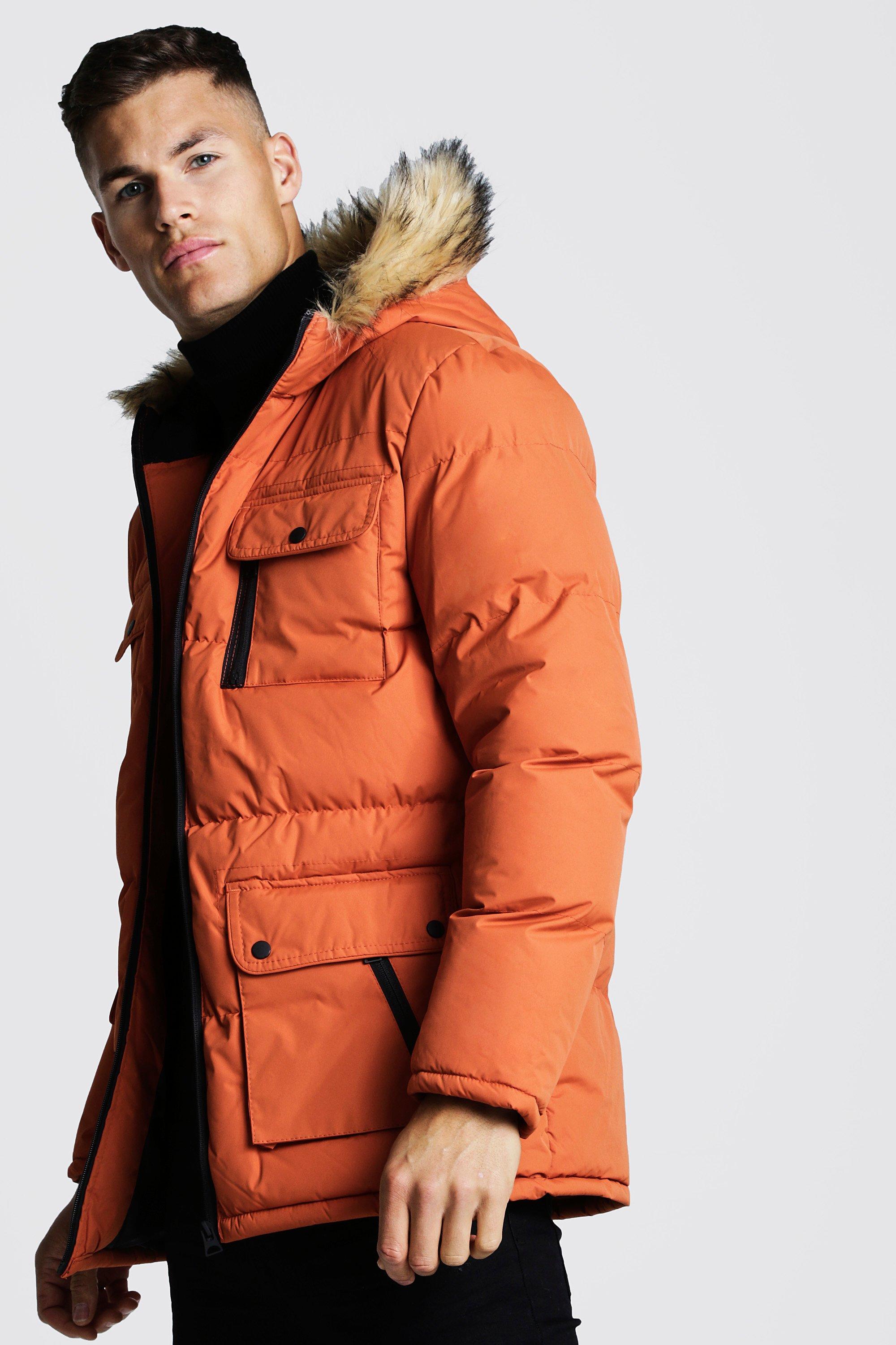 orange jacket with fur hood