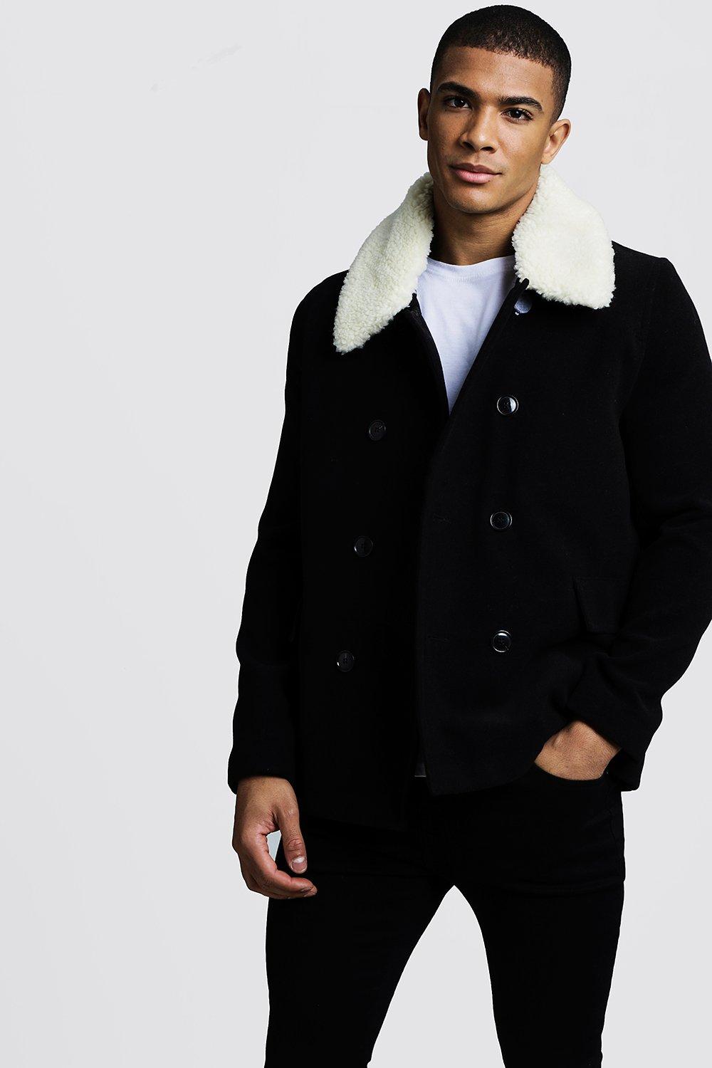 Borg Collar Wool Blend Pea Coat | boohooMAN