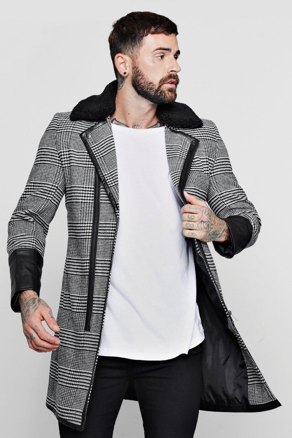 Prince Of Wales Check Pu Detail Coat Boohoo Australia