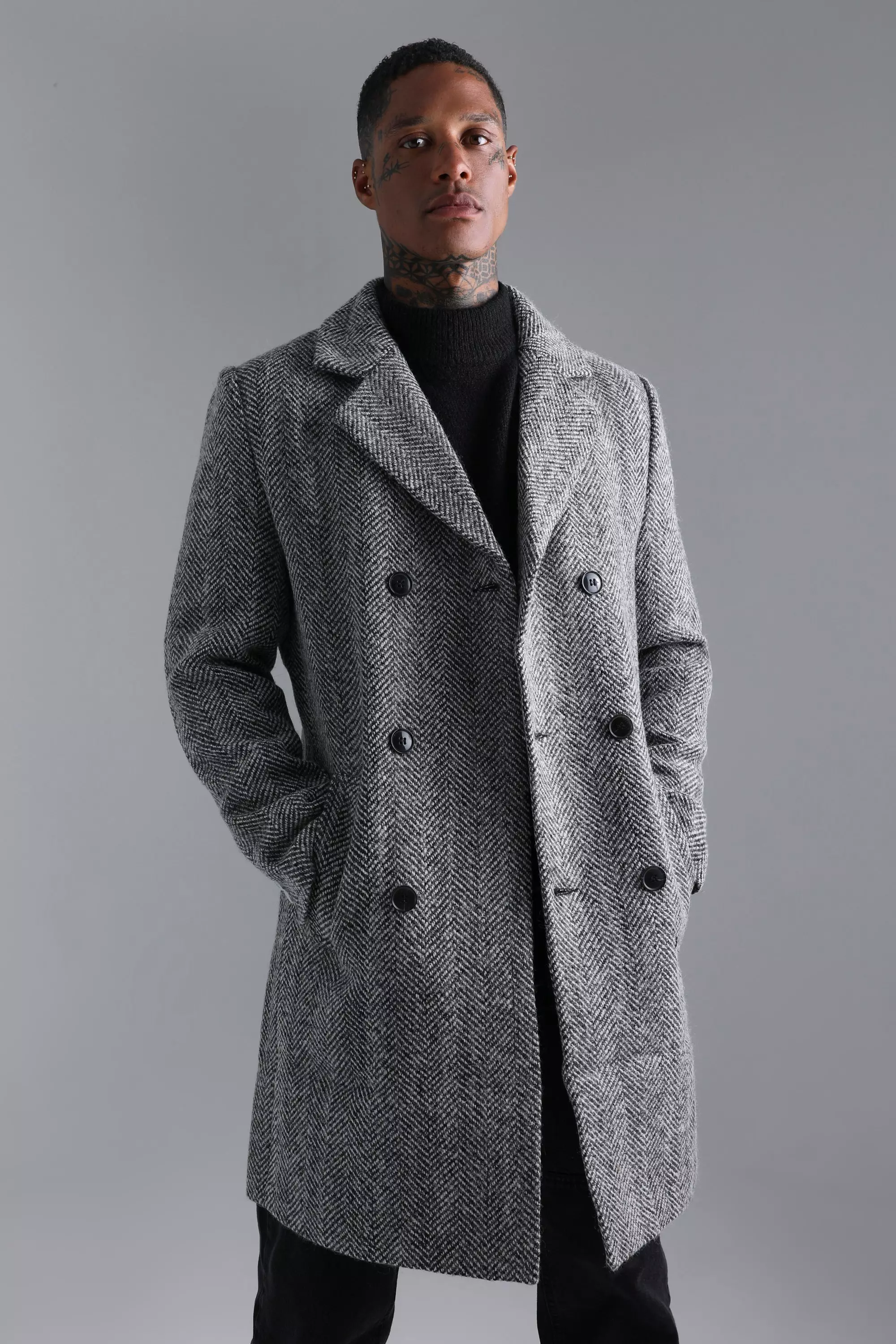 Wool blend cheap herringbone coat