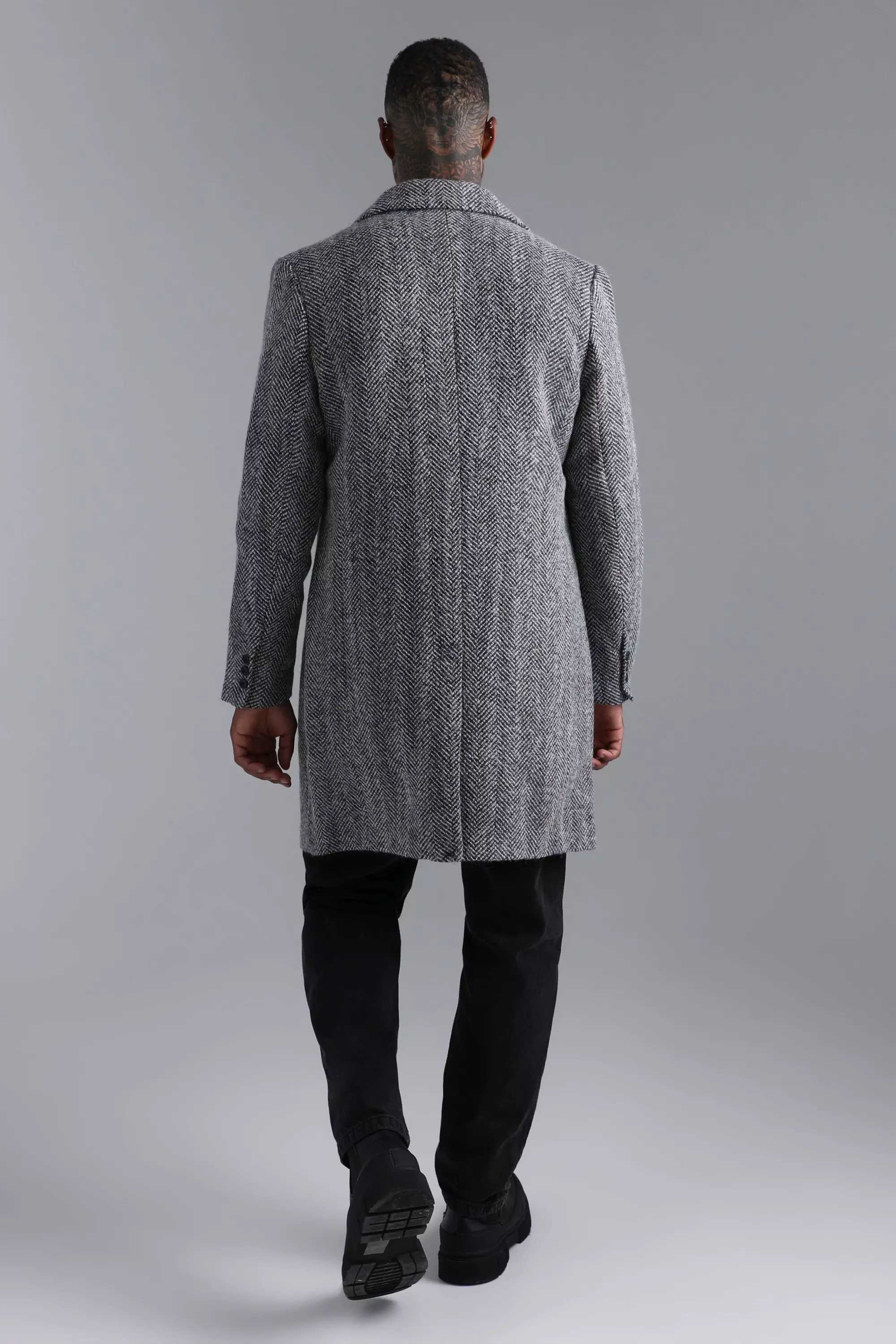 Wool Blend Herringbone Double Breasted Overcoat