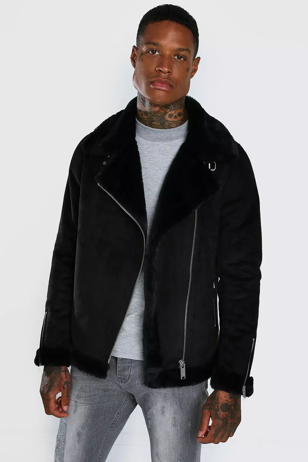 Faux Fur Lined Suede Aviator Jacket