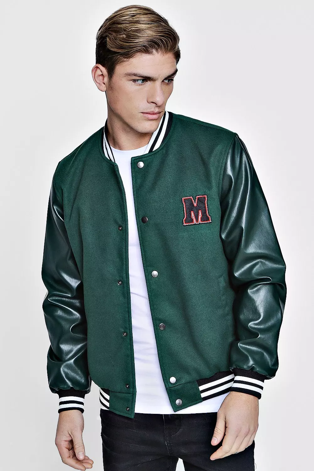 Majesda® - Embroidered Lettering PU Leather Varsity Jacket