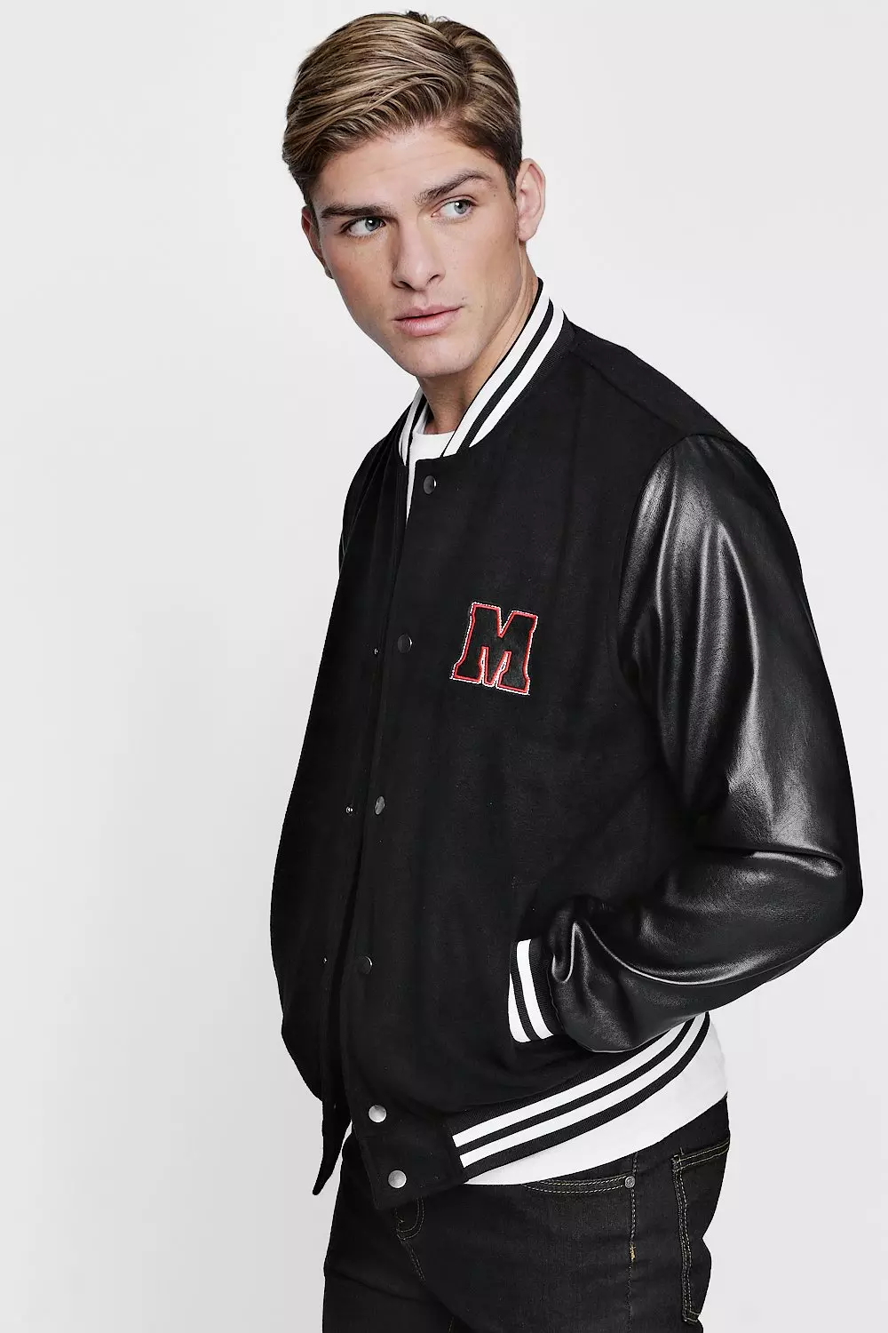 Faux leather shop varsity jacket