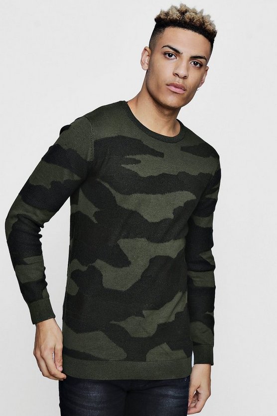All Over Camo Jacquard Jumper In Muscle Fit - boohooMAN