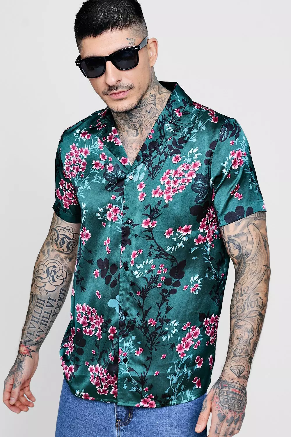 Floral Print Satin Revere Short Sleeve Shirt