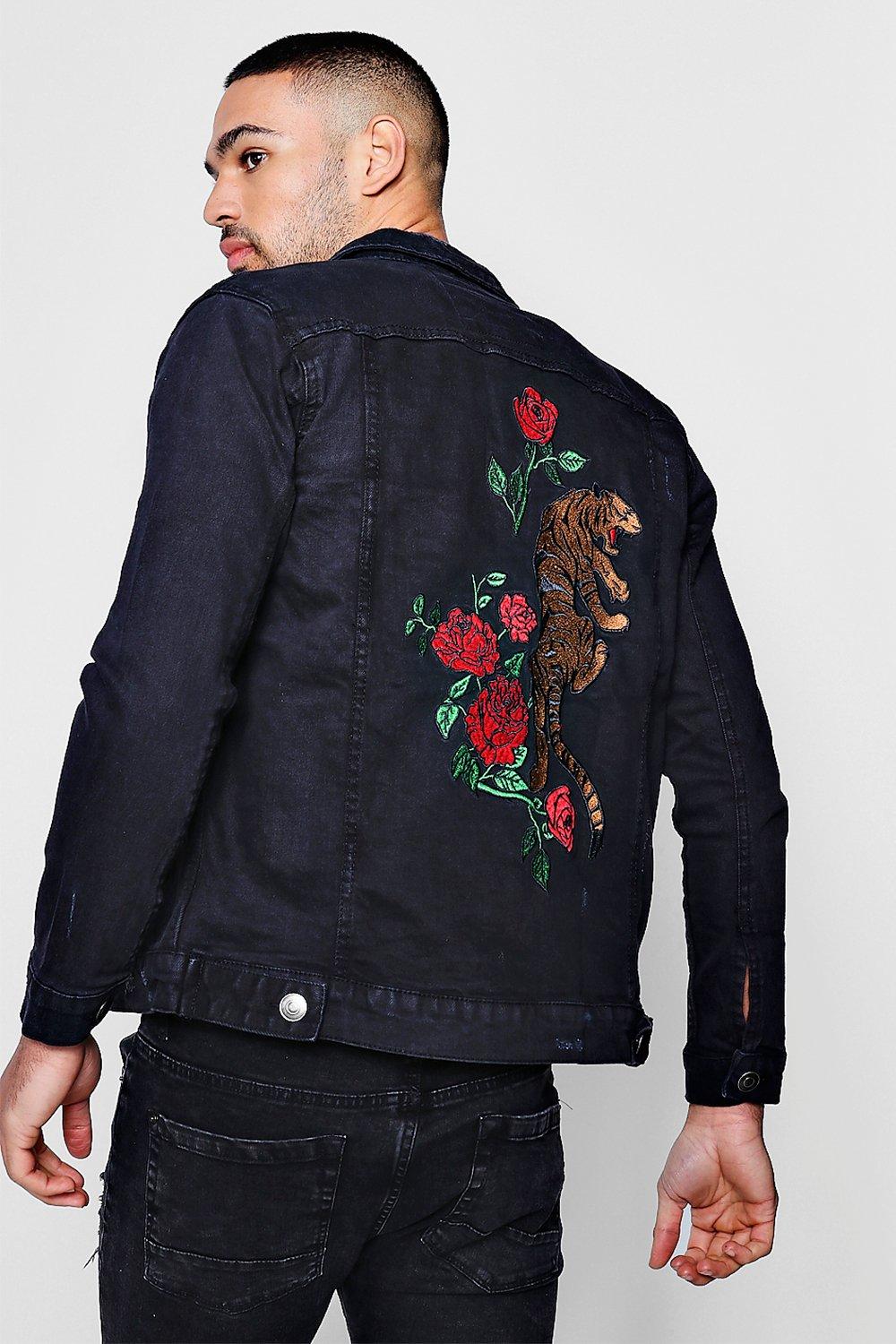 Washed Black Denim Jacket With Tiger 