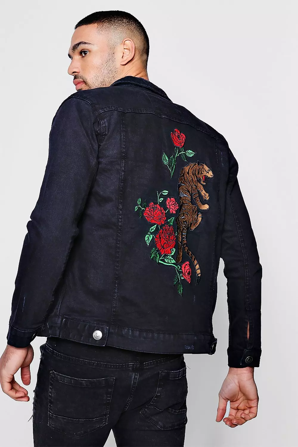 Denim jacket with embroidery mens sale