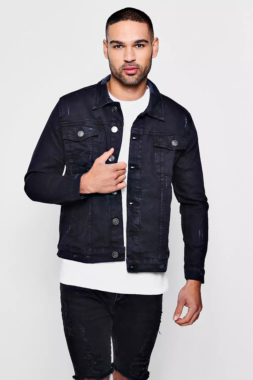 Denim Jacket With Toile Iconographe Print for Man in Black