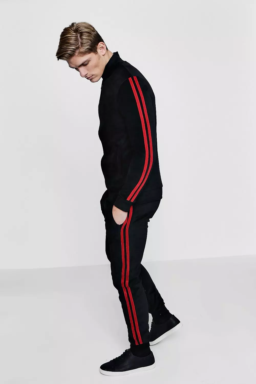 Black tracksuit with red sales stripe