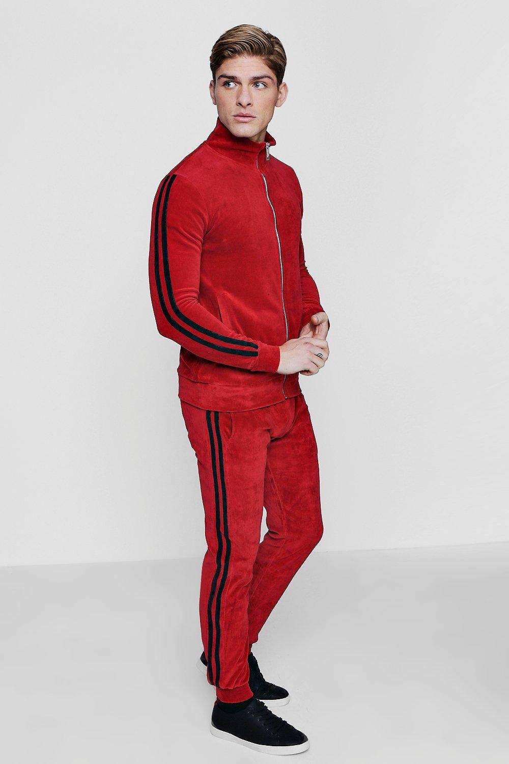 Red Velour Stripe Tracksuit - boohooMAN
