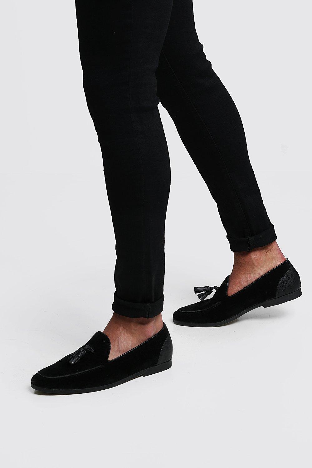 black suede tassel loafers