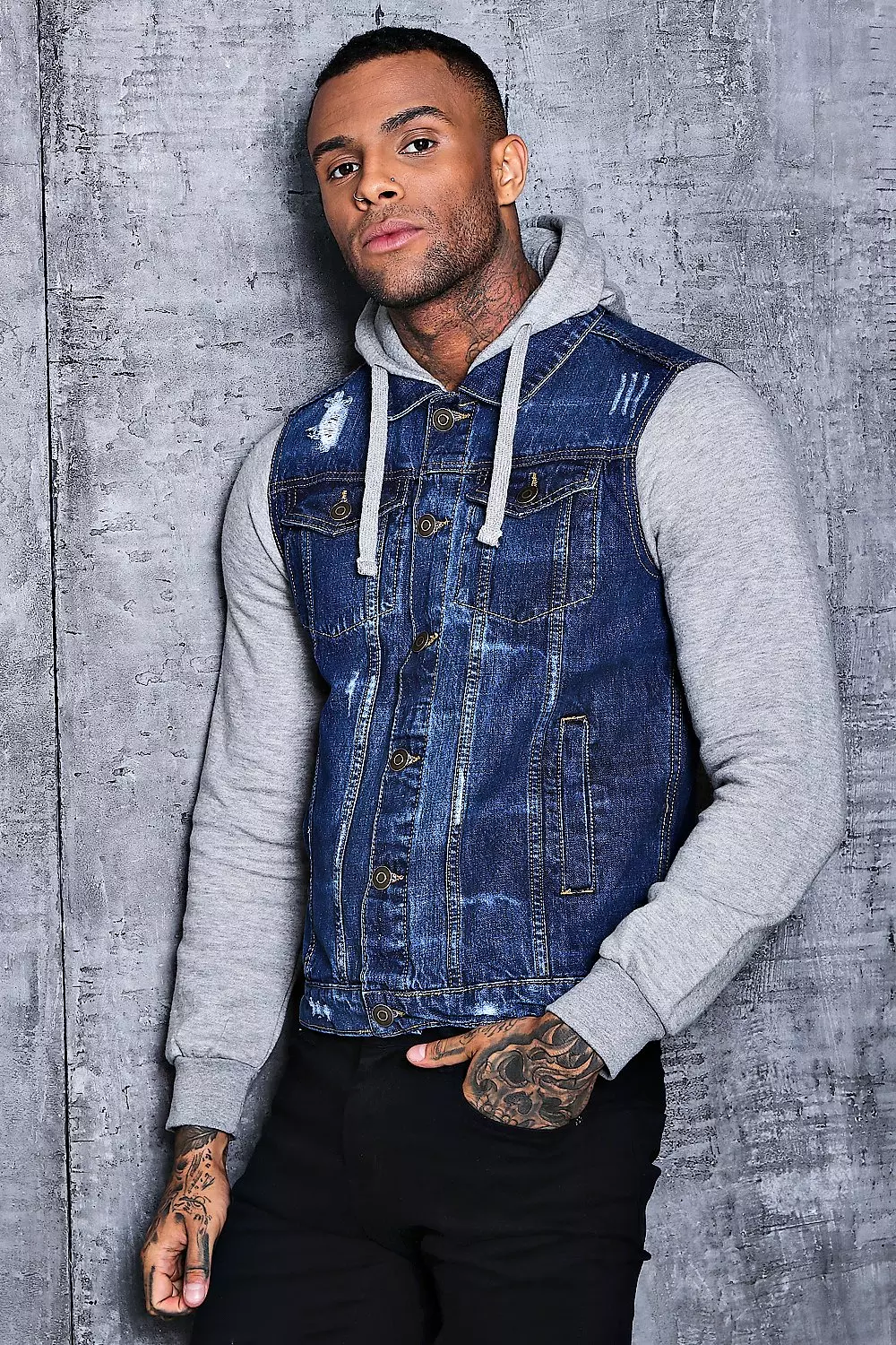 Denim jacket with outlet jersey hood