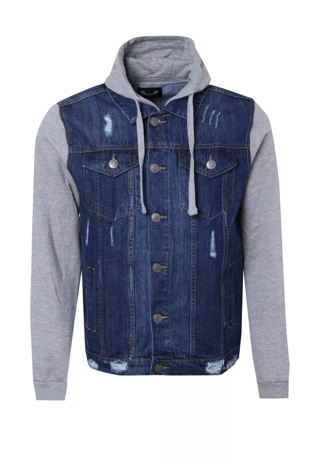 Blue Denim Jersey Sleeve Hooded Jacket