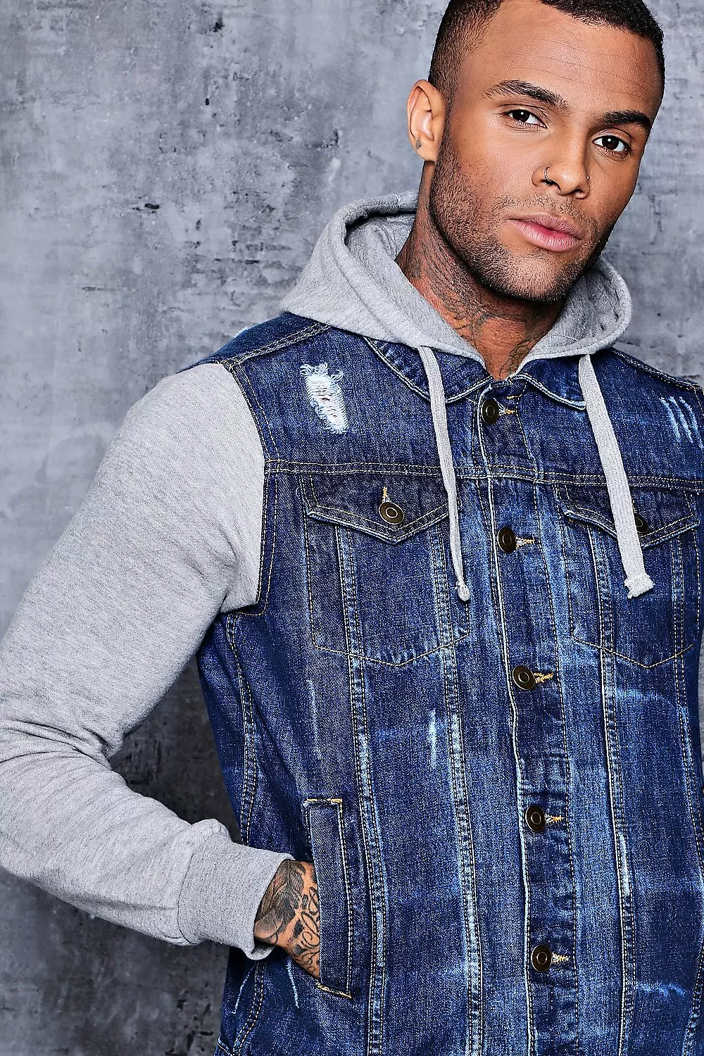 Blue Denim Jersey Sleeve Hooded Jacket