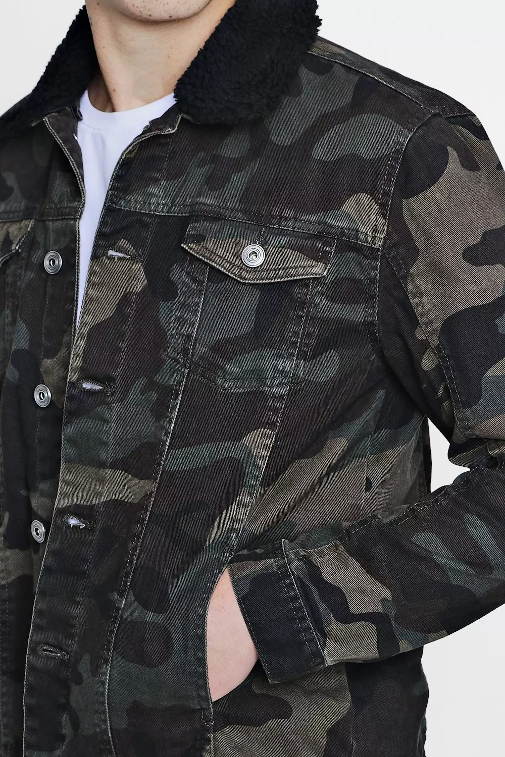 Camo Denim Jacket With Borg Collar