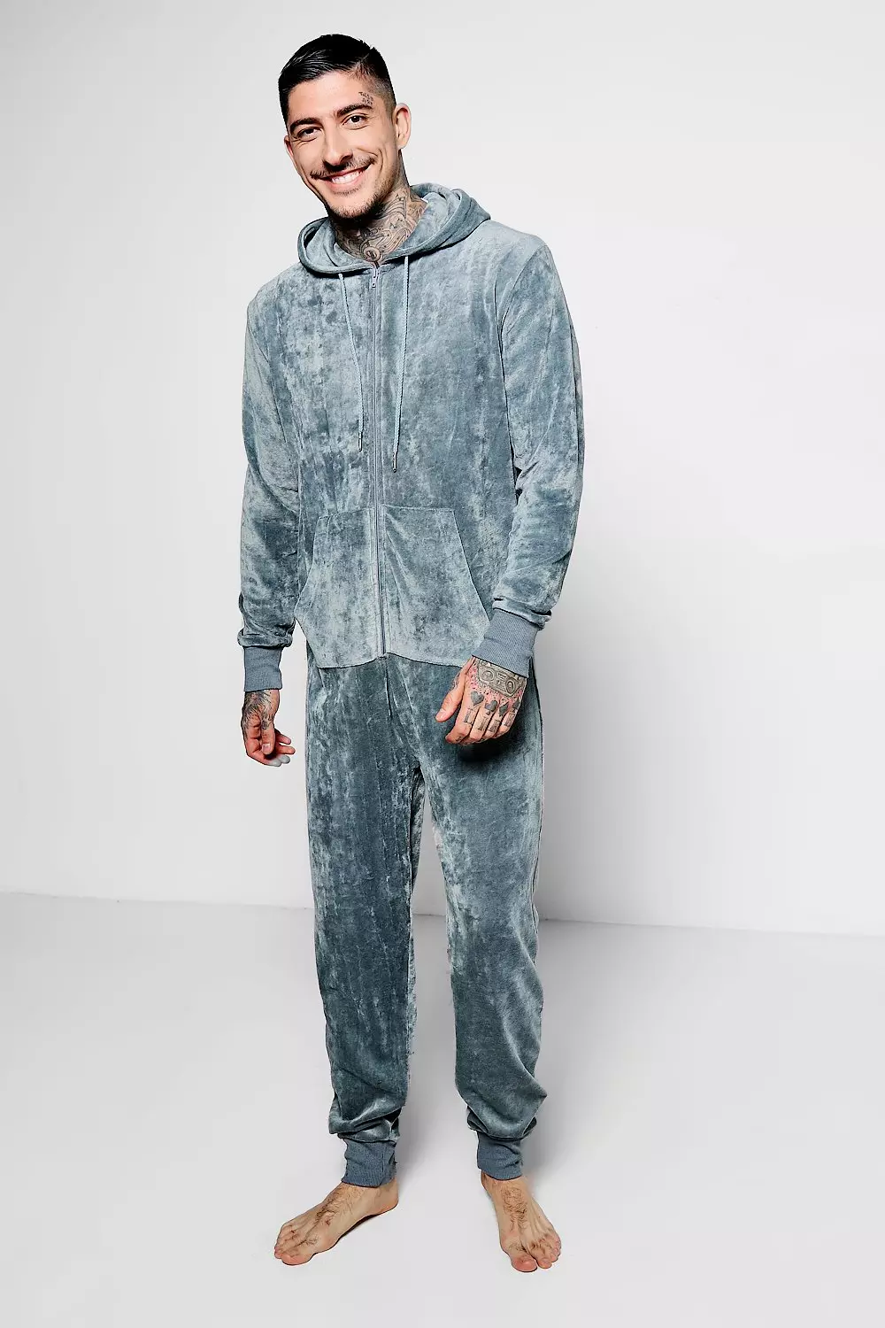 Grey Velour Lounge Onesie boohooMAN USA