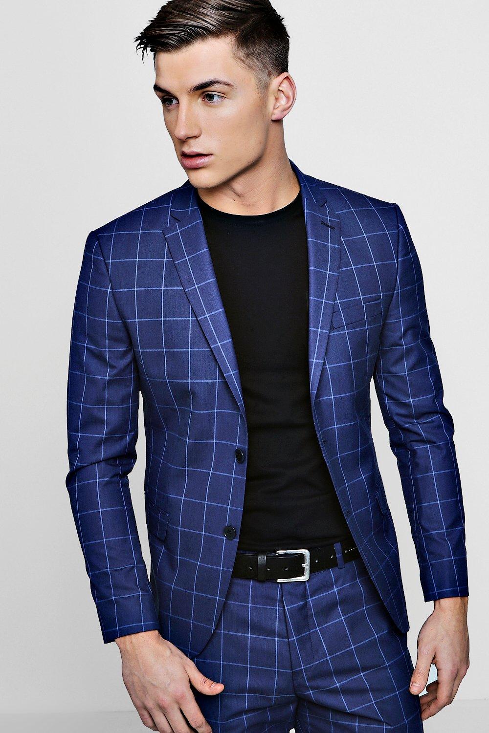 Skinny Fit Windowpane Check Blazer | Boohoo