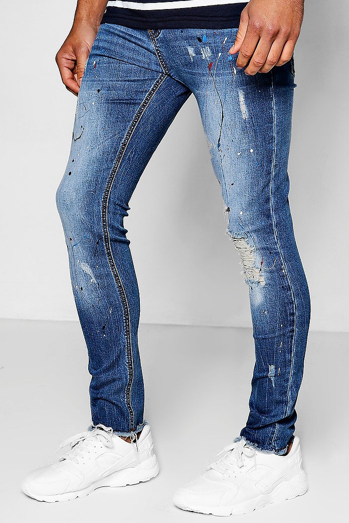 Wonderbaar Mid Blue Super Skinny Jeans With Paint Splatter | boohoo NN-86