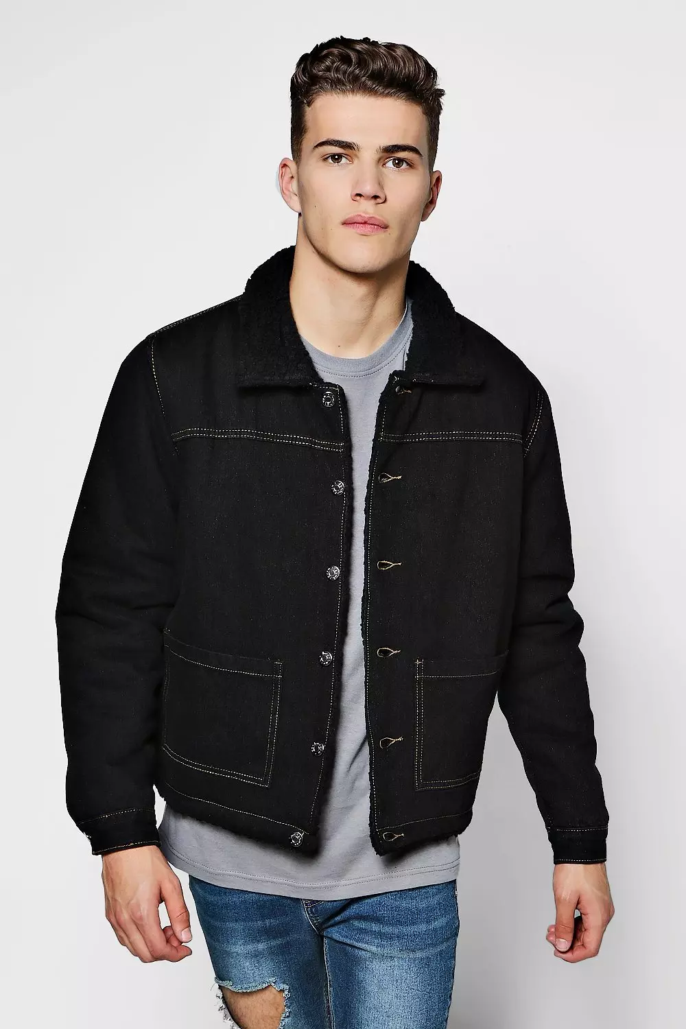 Black borg lined denim jacket outlet mens