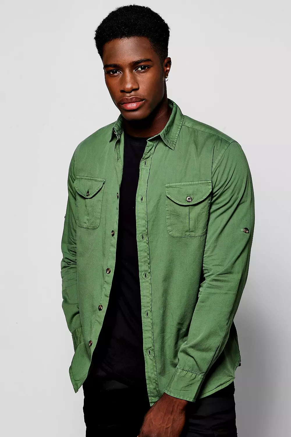 Khaki Double Pocket Long Sleeve Overshirt | boohooMAN USA