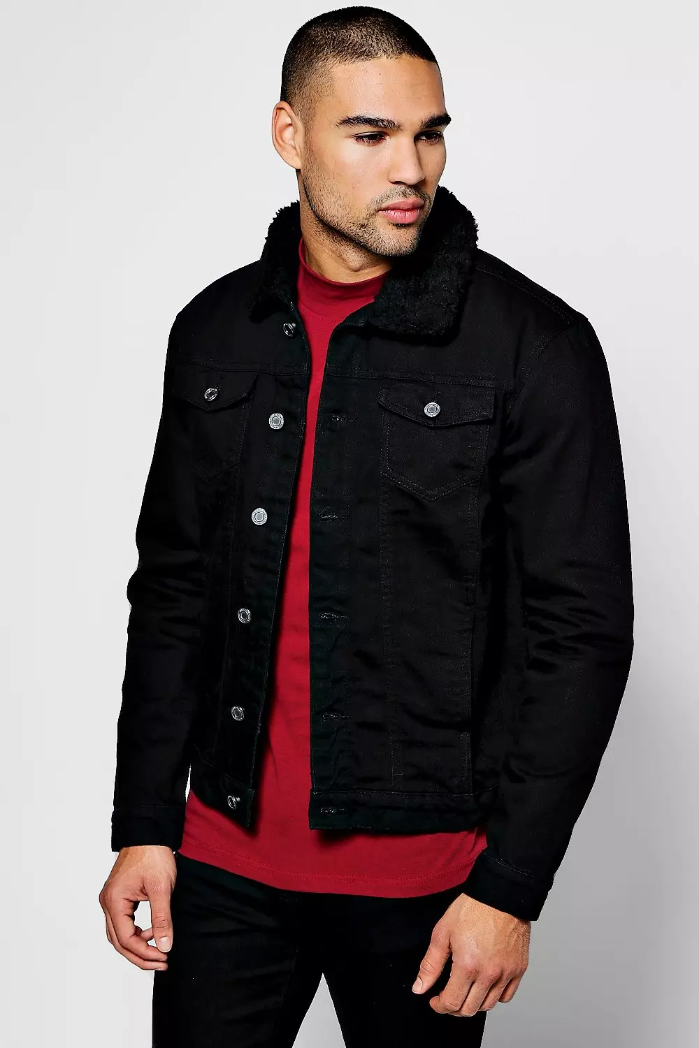 Black denim jacket with fleece clearance collar