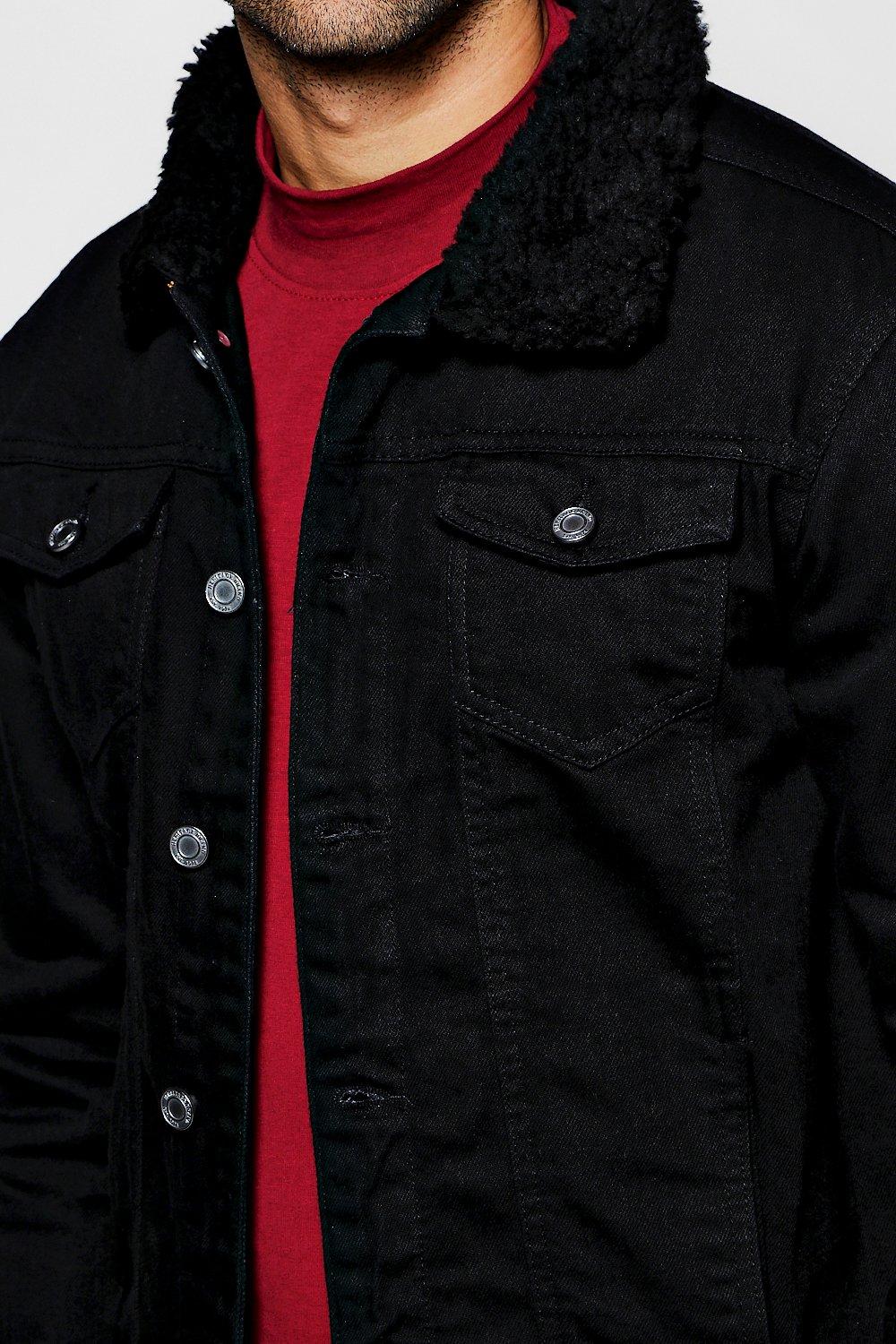 Boohoo Mens Black Regular Fit Borg Collar Denim Jacket | eBay