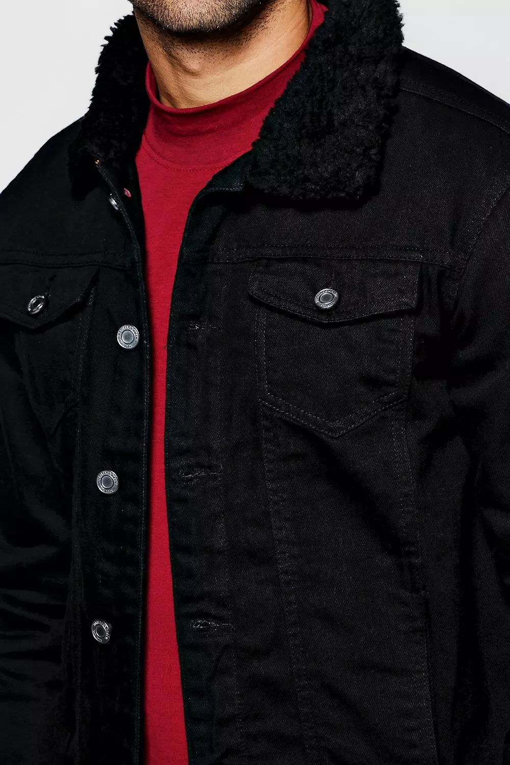 Mens black denim on sale jacket borg collar