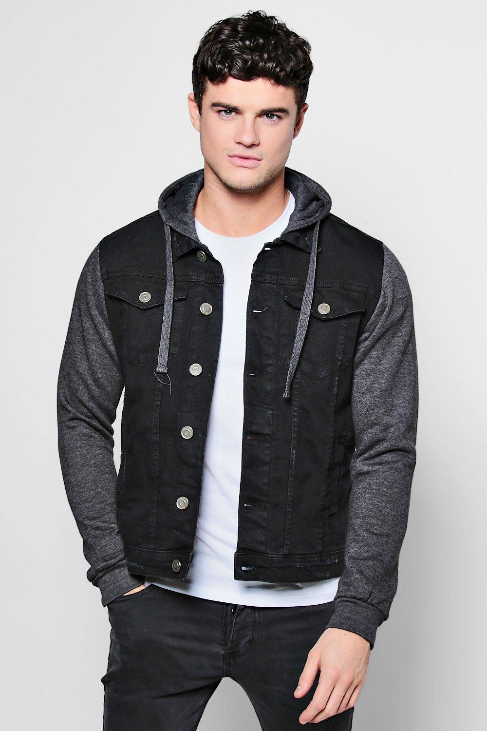 jean jacket with gray hood