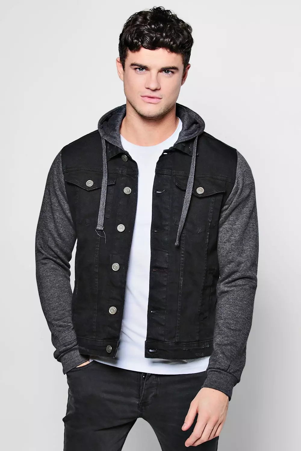 Denim jacket with shop black sleeves and hood