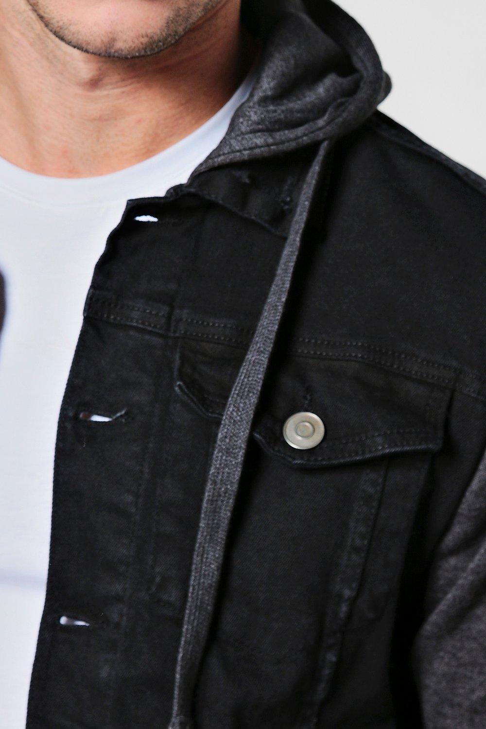 denim jacket with black sleeves and hood