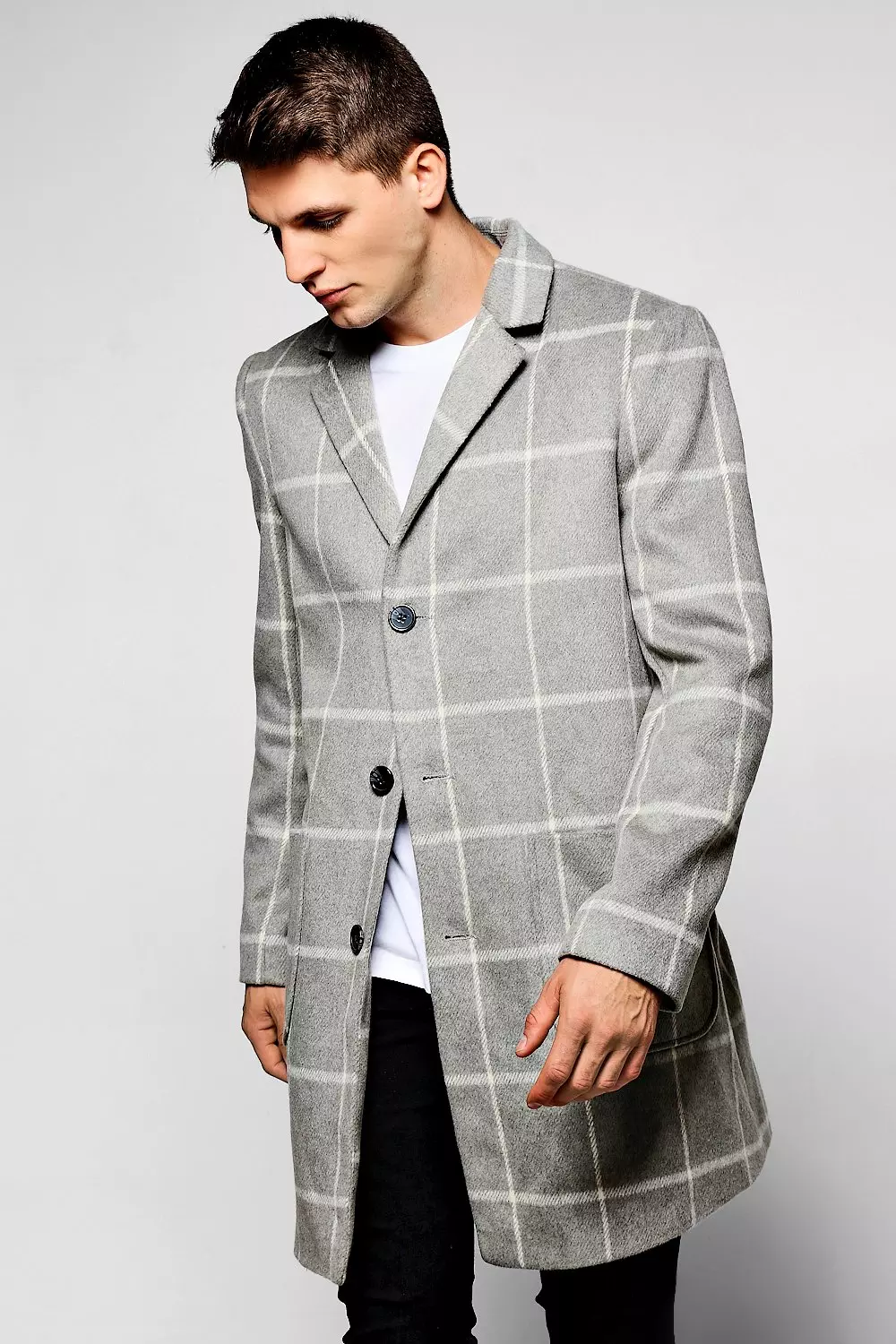 Grey Wool Mix Check Overcoat | boohooMAN USA