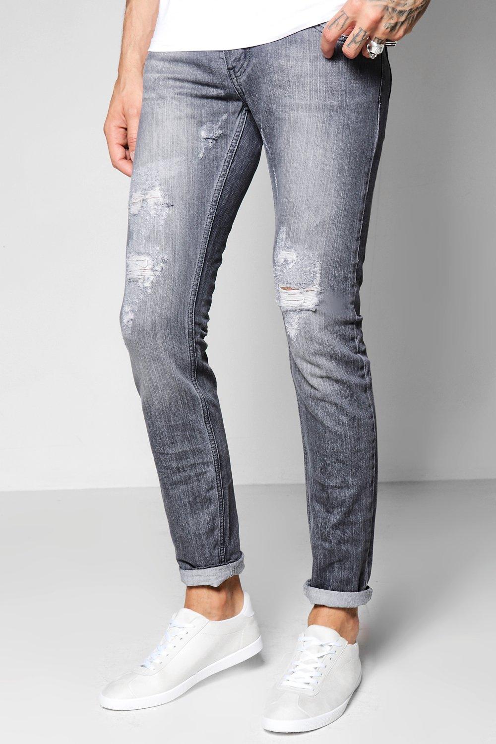 Grey Distressed Denim Jeans in Slim Fit 