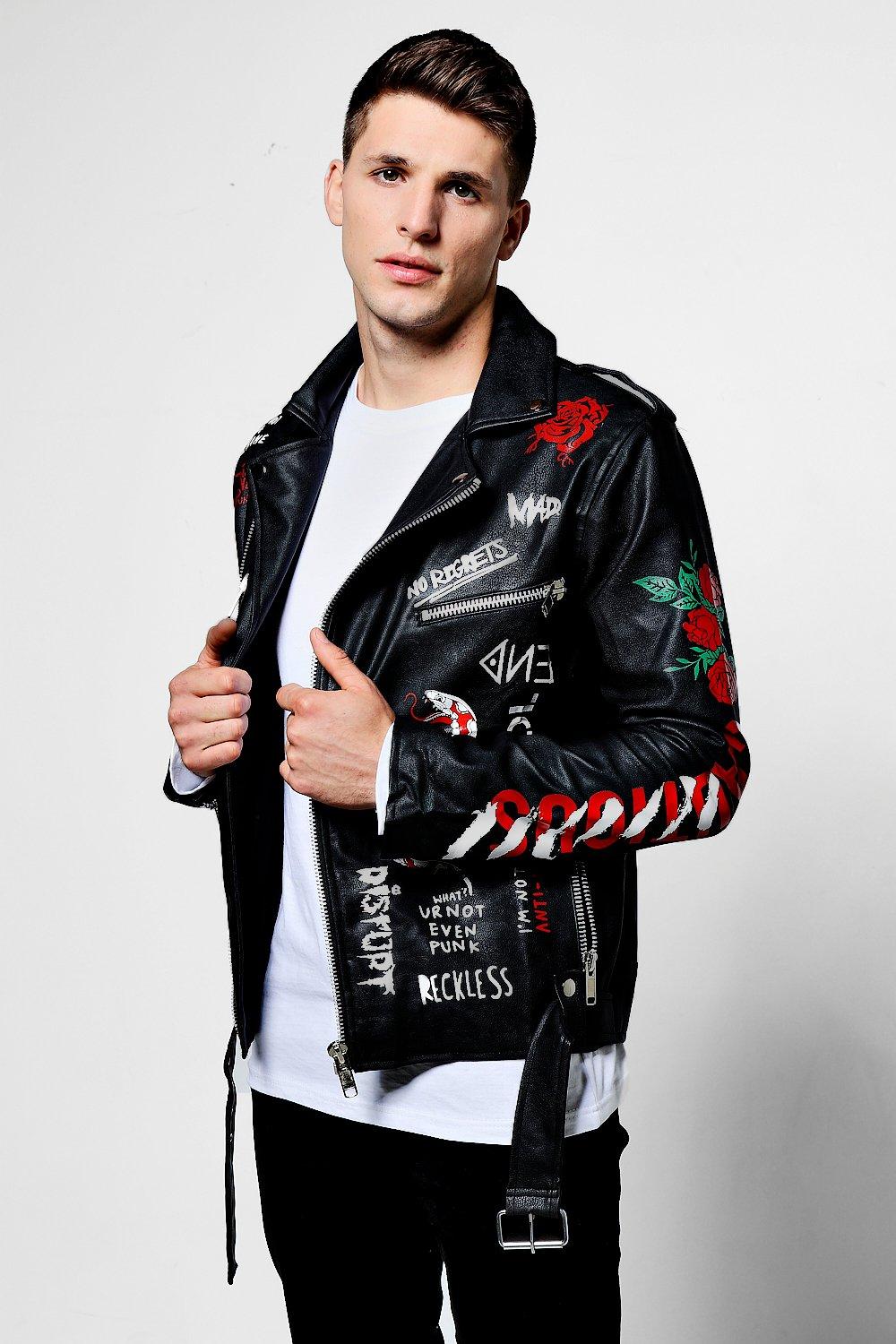 Black Faux Leather Graffiti Print Biker Jacket Boohooman