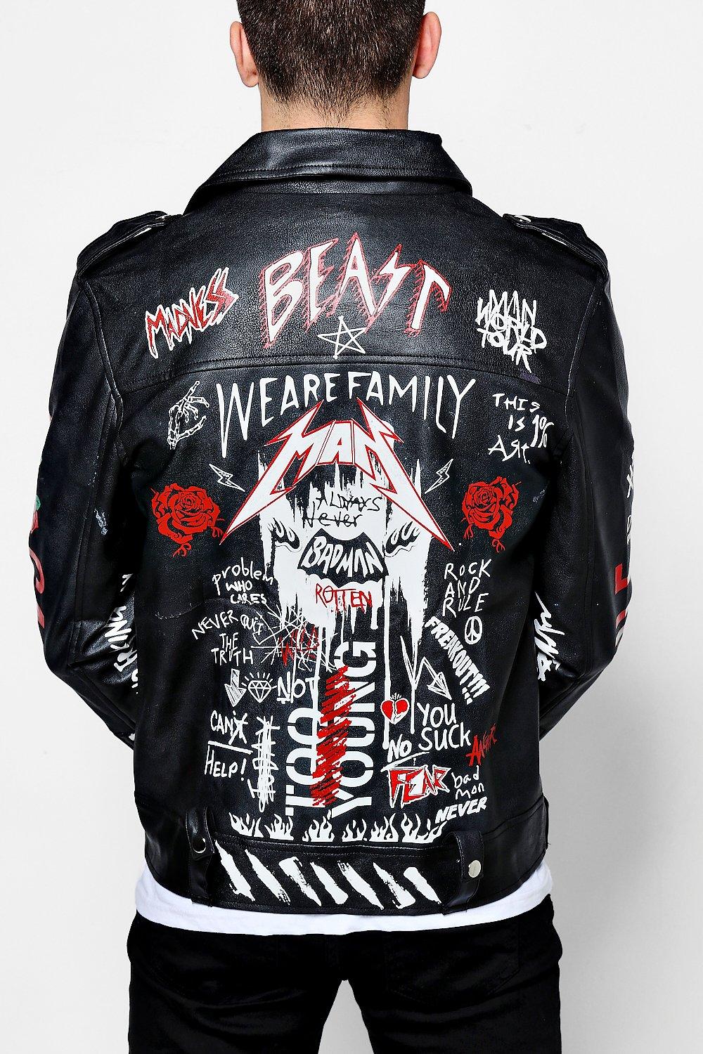 graffiti faux leather biker jacket